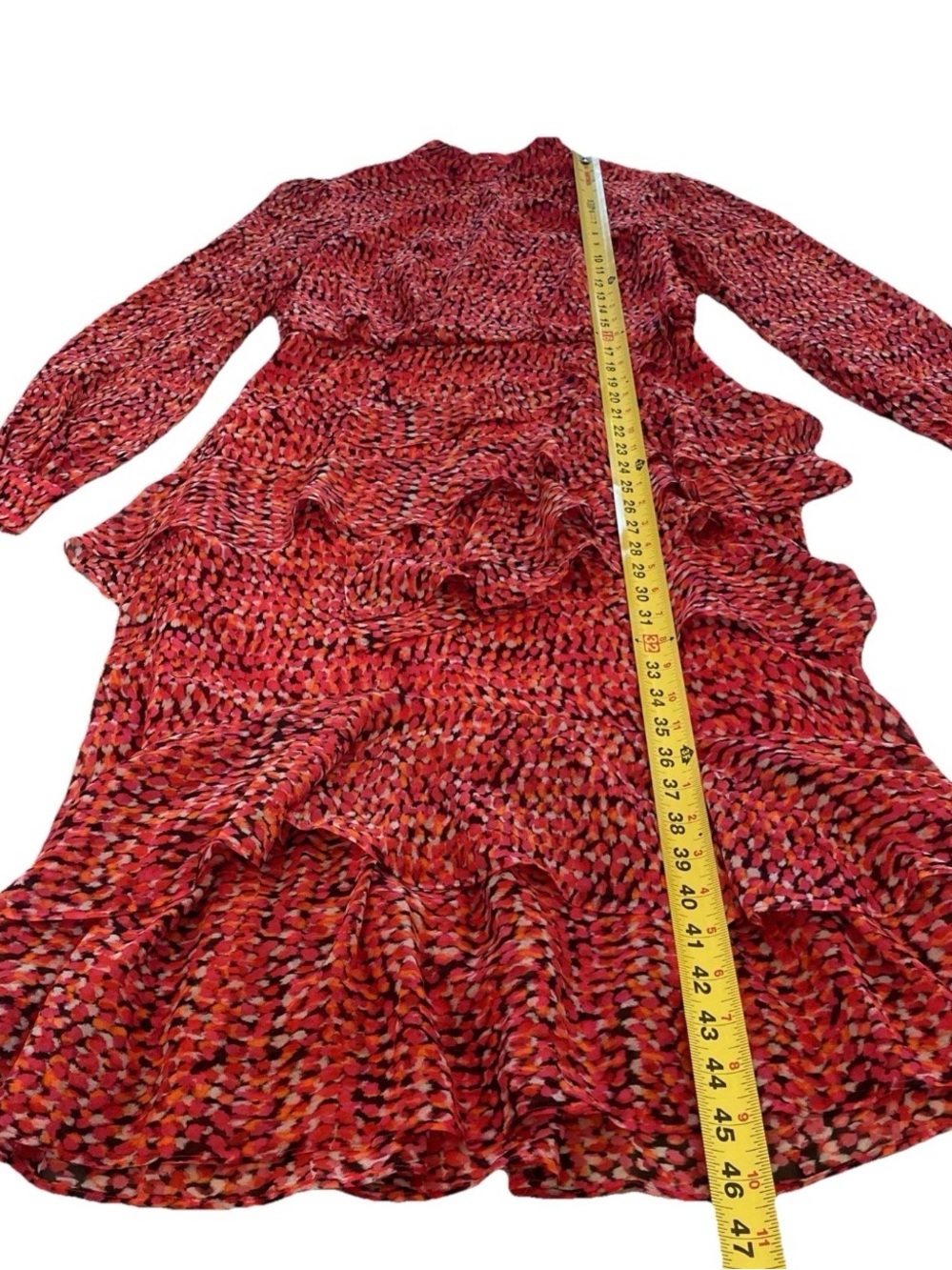 SALONI Red Printed Isa Ruffle Silk Midi Dress US 8/UK 12 MSRP $695 - Picture 12 of 16